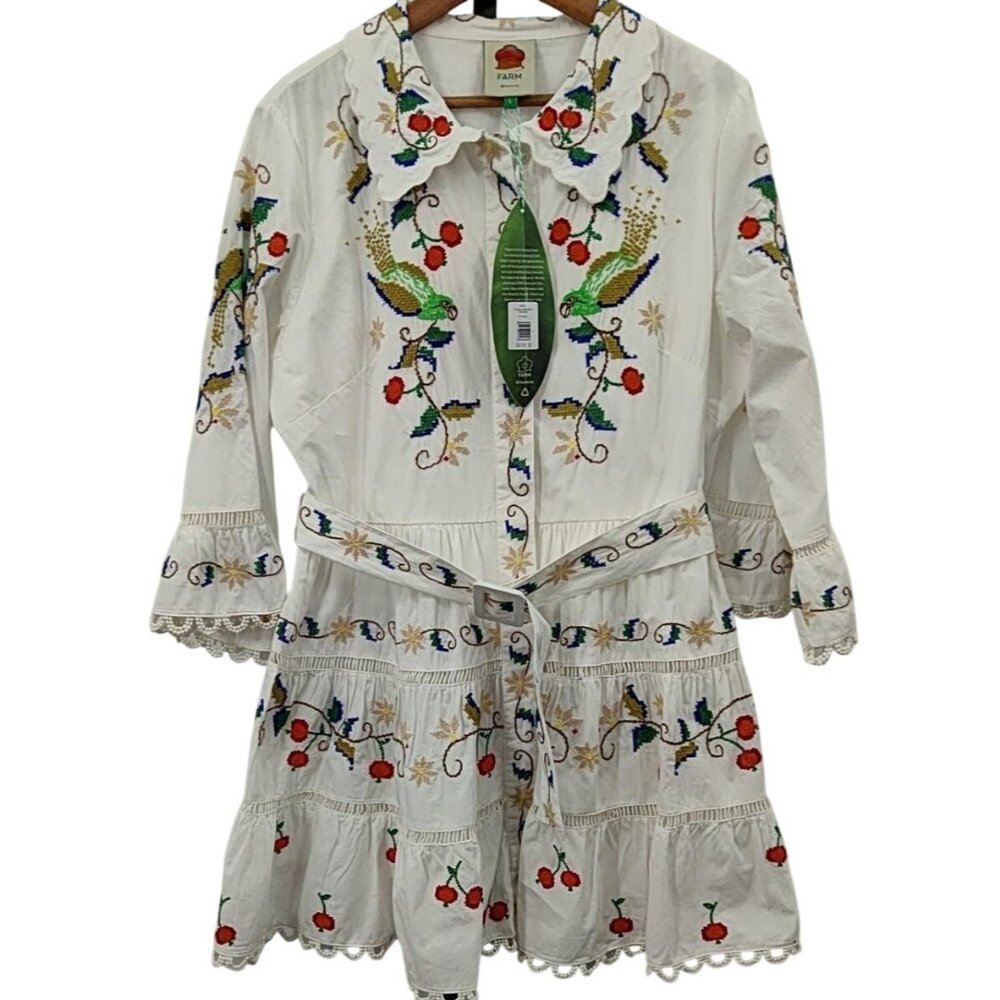 Farm Rio Pitanga Embroidered Belted Mini Dress Off White Size L New With Tags - Picture 9 of 12